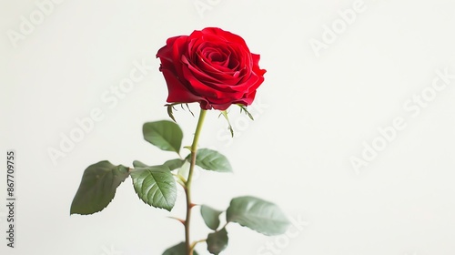 Single red rose on a white background. © Nijat