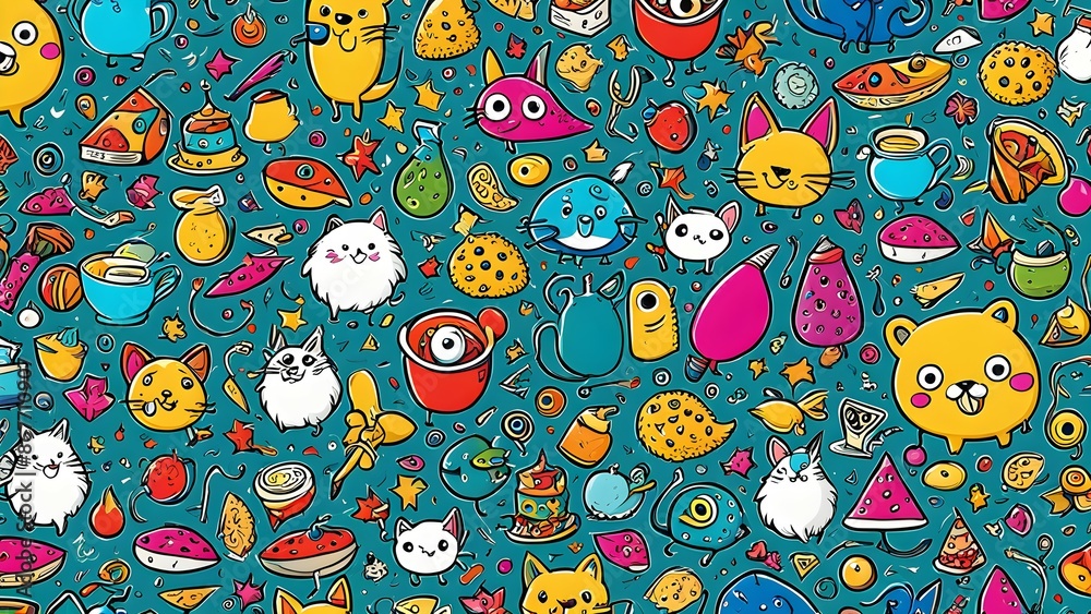 Fototapeta premium A colorful cartoonish pattern with a variety of food items and animals