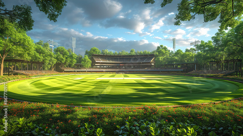 A full stadium top view at sunset and cloudy sky
