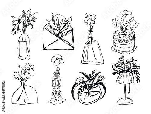 Flower in vase and bottle doodle illustration including different floral bouquets. Hand drawn cute line art outline plants in interior. Spring field bloom. Linear drawing for coloring. Vector isolated