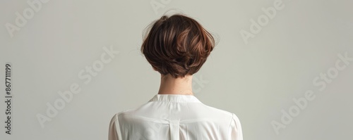 Woman with short hair in white shirt, studio shot, back view