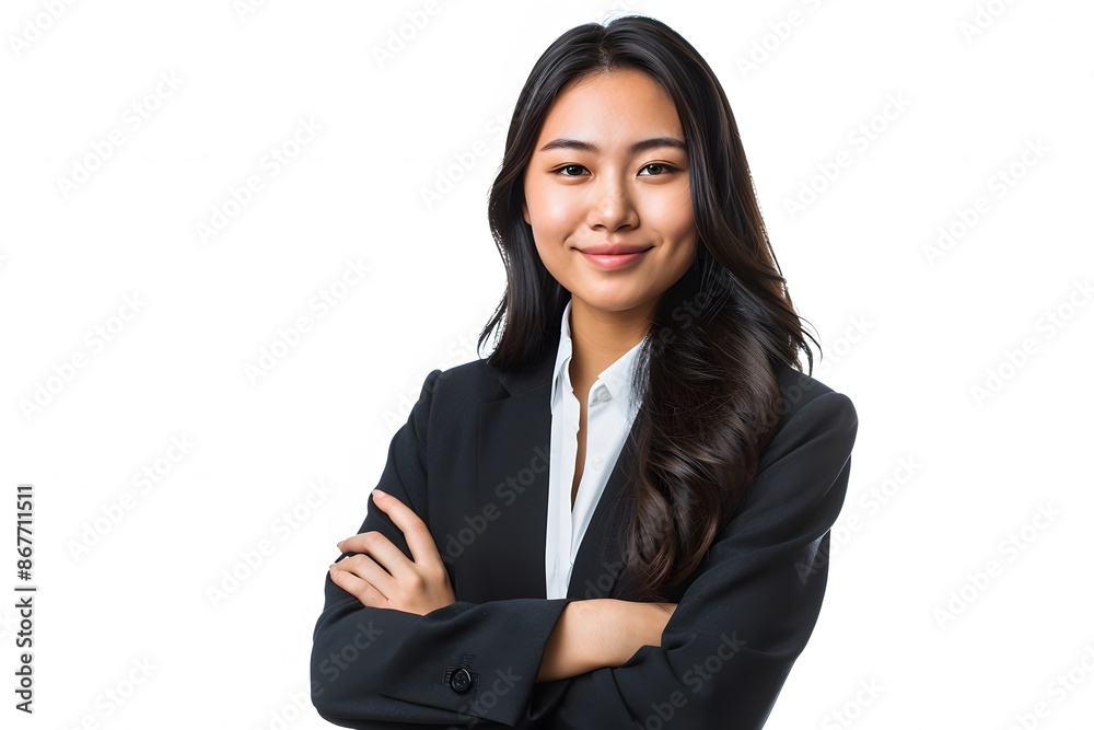 A confident businesswoman in a black suit with arms crossed, smiling warmly against a white background, representing professionalism. A confident businesswoman in a black suit with arms crossed, smiling warmly against a white background, representing professionalism.