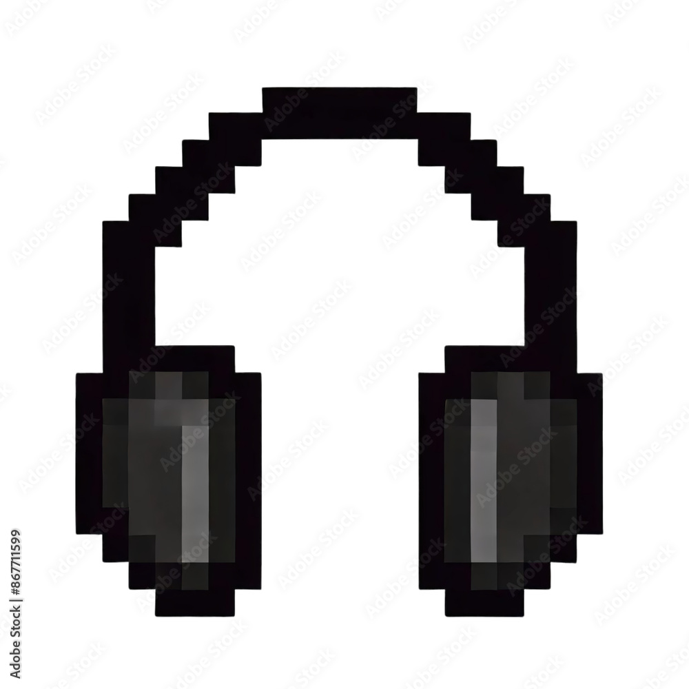 A pixelated image of black headphones on a transparent background. The headphones are designed in a classic 8-bit style with clear A pixelated image of black headphones on a transparent background. The headphones are designed in a classic 8-bit style with clear