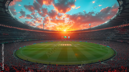 A full stadium top view at sunset and cloudy sky
