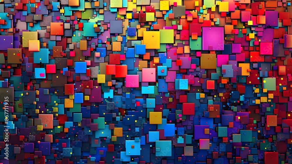 Fototapeta premium A vibrant and colorful pixel mosaic pattern, creating an abstract and dynamic visual effect with squares of various hues.