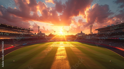 A full stadium top view at sunset and cloudy sky
