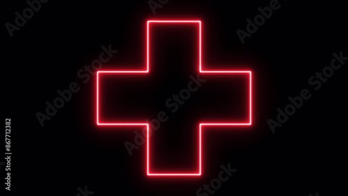 Red Neon Cross on Black Background Alpha Channel