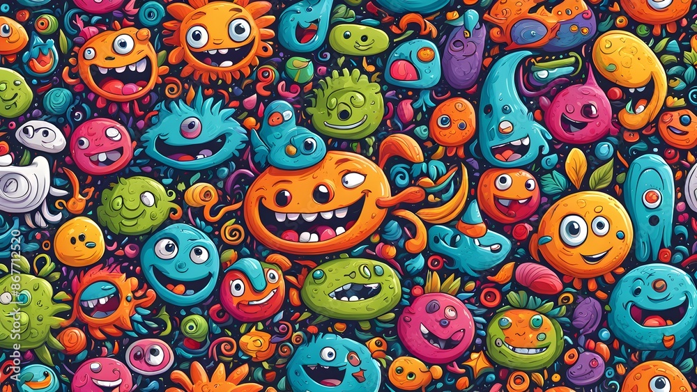 A colorful cartoon of many different faces and creatures A colorful cartoon of many different faces and creatures
