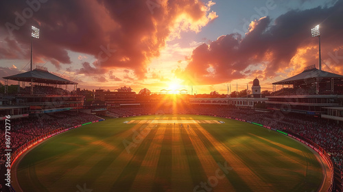 A full stadium top view at sunset and cloudy sky
