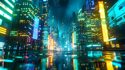 A futuristic cyber city with neon lights and advanced technology, depicting a high-tech urban environment at night.