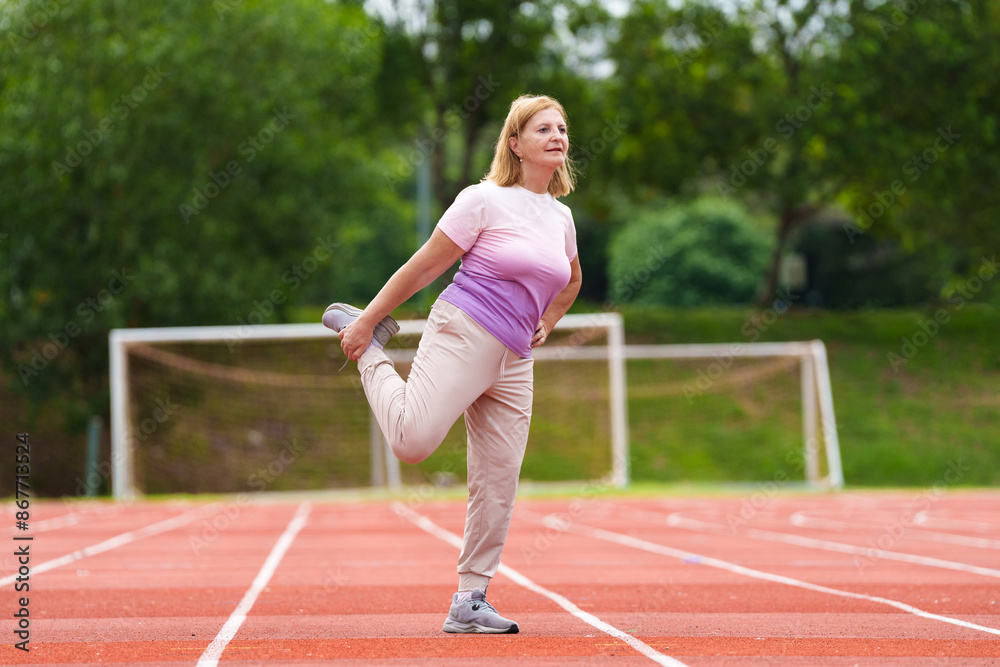 Obraz premium Elderly woman exercising. Fit senior lady running.