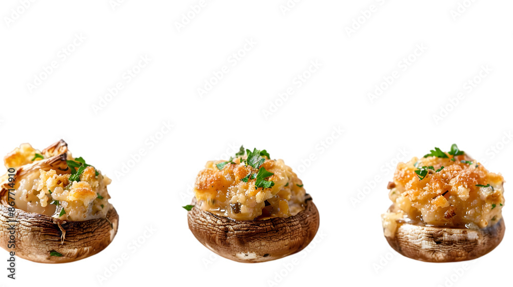  An array of garlic-stuffed mushrooms, each one golden and crisp, on a transparent background