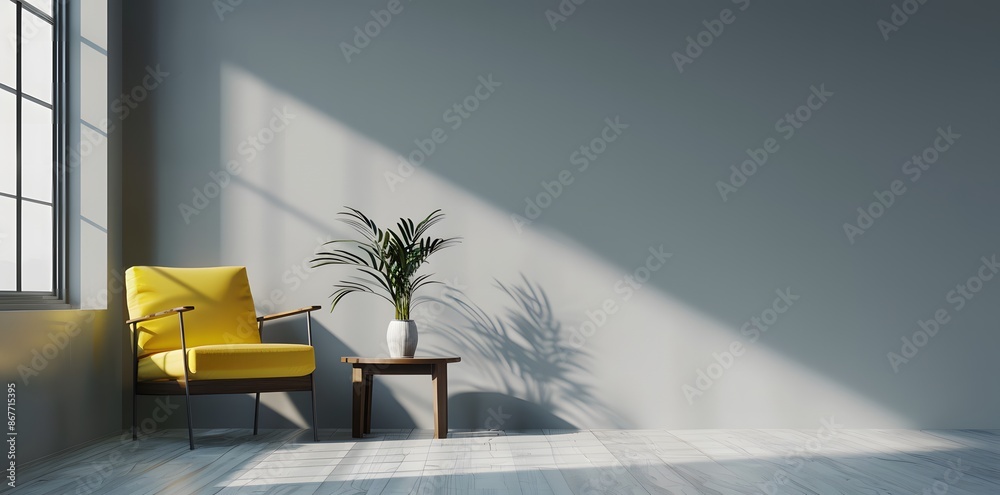 Minimalist gray wall background with yellow armchair and wooden table for interior design of modern living room mock up copy space Minimalist gray wall background with yellow armchair and wooden table for interior design of modern living room mock up copy space