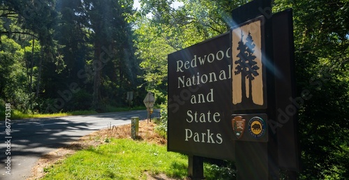 Crescent City, Califfornia - 5-9-2024:Redwood National and State Park entrance sign, Highway 101, California