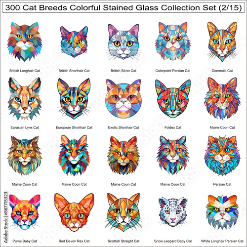 Colorful Cat Breeds Stained Glass Cute Cats Bundle Collection Set of 300 Cat Faces Part 2 photo