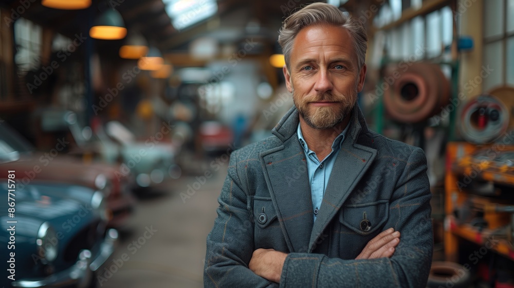 A well-dressed businessperson stands confidently with crossed arms in an automotive workshop, surrounded by the charm of retro automobiles, embodying a blend of elegance and industry. A well-dressed businessperson stands confidently with crossed arms in an automotive workshop, surrounded by the charm of retro automobiles, embodying a blend of elegance and industry.