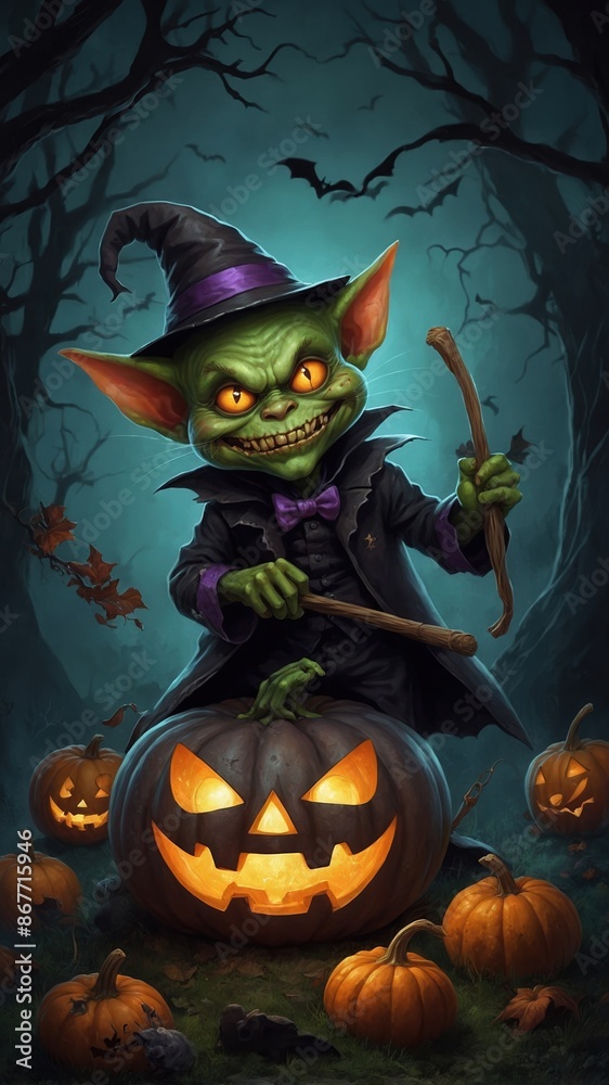 Fototapeta premium A green goblin is holding a pumpkin and a stick