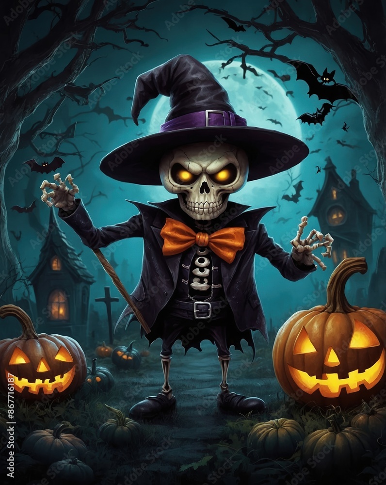 A skeleton with a witch hat. Halloween horror night A skeleton with a witch hat. Halloween horror night