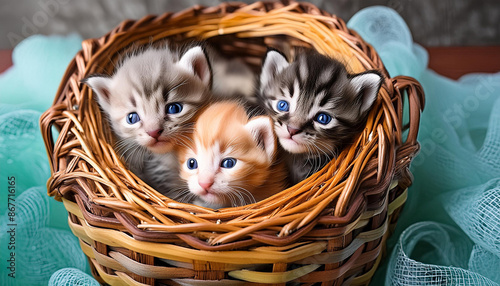 tres gtitos gatos cachorros recién nacidos en una canasta juntos dentro de una cesta animales tiernos bebes adorables lindos fotografia de retrato photo