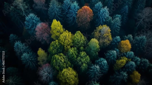 Aerial view of a forest with vibrant autumn foliage. ©  Green Creator