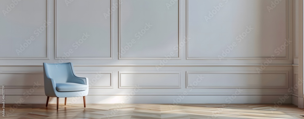 Fototapeta premium Minimalist interior design with white walls and a light blue armchair on a wooden floor