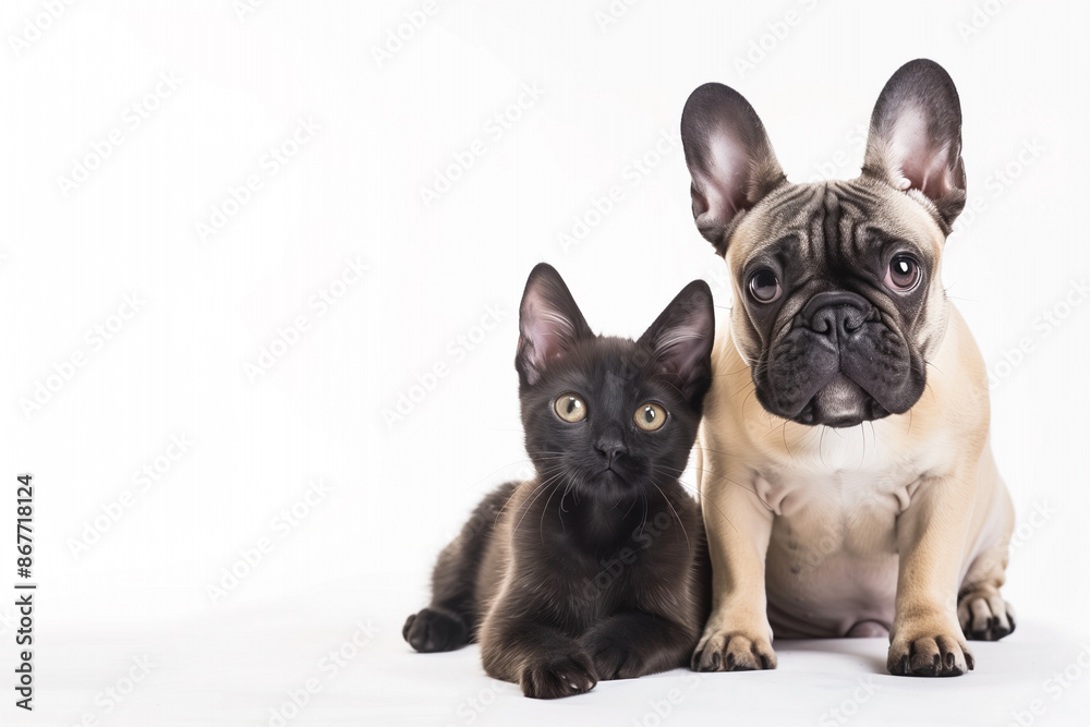 Playful Friendship: Happy Dog and Cat Together, Full Body Shot on White Background in 4K Resolution. Playful Friendship: Happy Dog and Cat Together, Full Body Shot on White Background in 4K Resolution.
