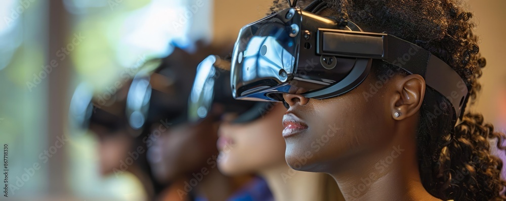 A group of students using virtual reality headsets, exploring immersive digital worlds and expanding their knowledge. A group of students using virtual reality headsets, exploring immersive digital worlds and expanding their knowledge.