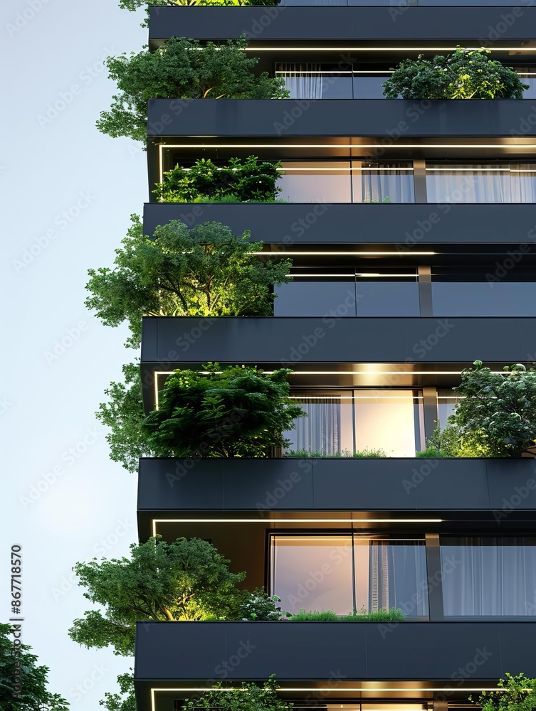 Fototapeta premium Modern apartment building with green balconies and night lighting.