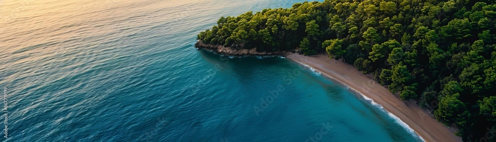 Aerial view of a tropical island with lush green vegetation and a pristine sandy beach. Aerial view of a tropical island with lush green vegetation and a pristine sandy beach.