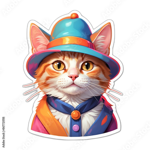 An adorable baby kitten wearing colorful hat. Cute sticker with transparent background. 3D cartoon style.