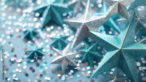 Close-up of shimmering teal and silver origami stars scattered with fine glitter, ideal for winter holiday design work on a soft backdrop.