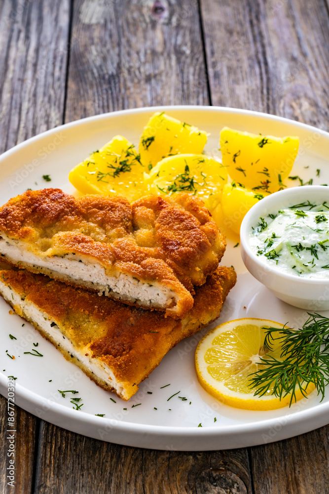 Crispy breaded seared chicken cutlet with boiled potatoes and cucumbers in cream served on white plate on wooden table Crispy breaded seared chicken cutlet with boiled potatoes and cucumbers in cream served on white plate on wooden table