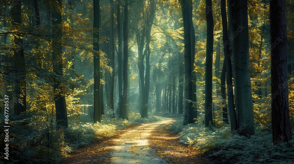 A tranquil forest with a winding path leading through tall trees, with sunlight filtering through the leaves.