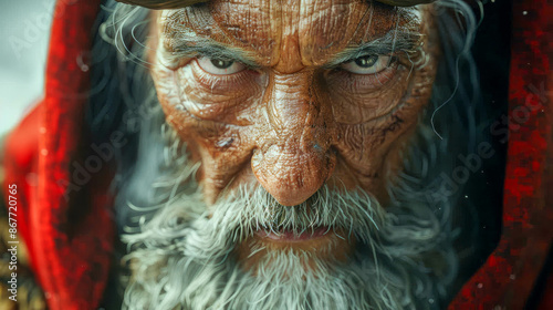 old man, an elderly man with gray hair and a piercing, unfriendly gaze in a red hood. old magician, sorcerer with a beard and wrinkled face. © Aliaksandra