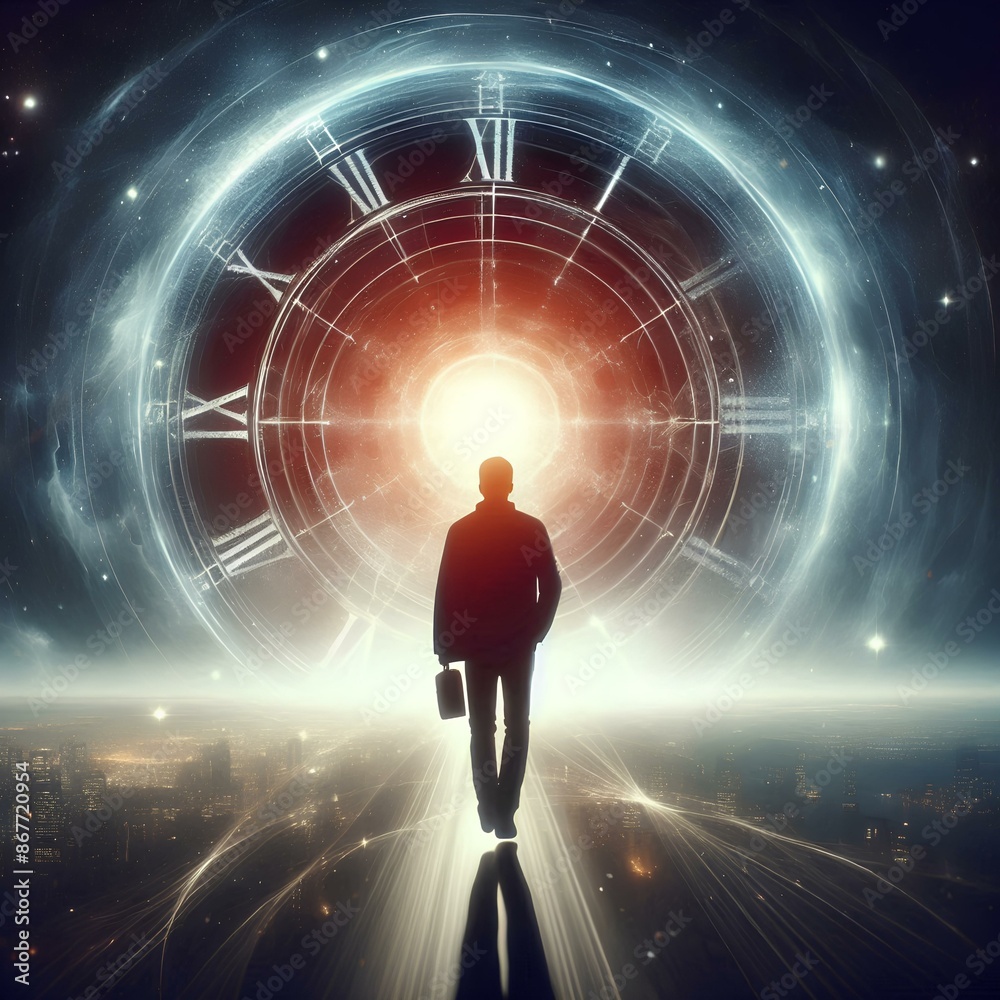 a silhouette of a man walking to the light. time travel concept art. large glowing clock. a silhouette of a man walking to the light. time travel concept art. large glowing clock.