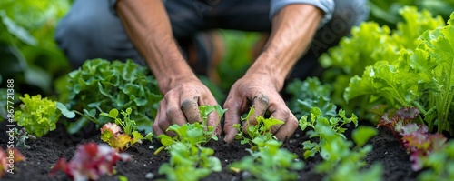 A gardener planting rows of vibrant vegetables in a community garden, nurturing each seedling with care.