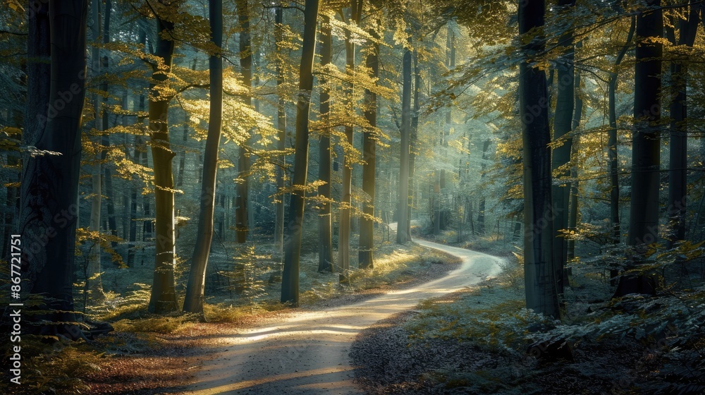 Naklejka premium A tranquil forest with a winding path leading through tall trees, with sunlight filtering through the leaves.