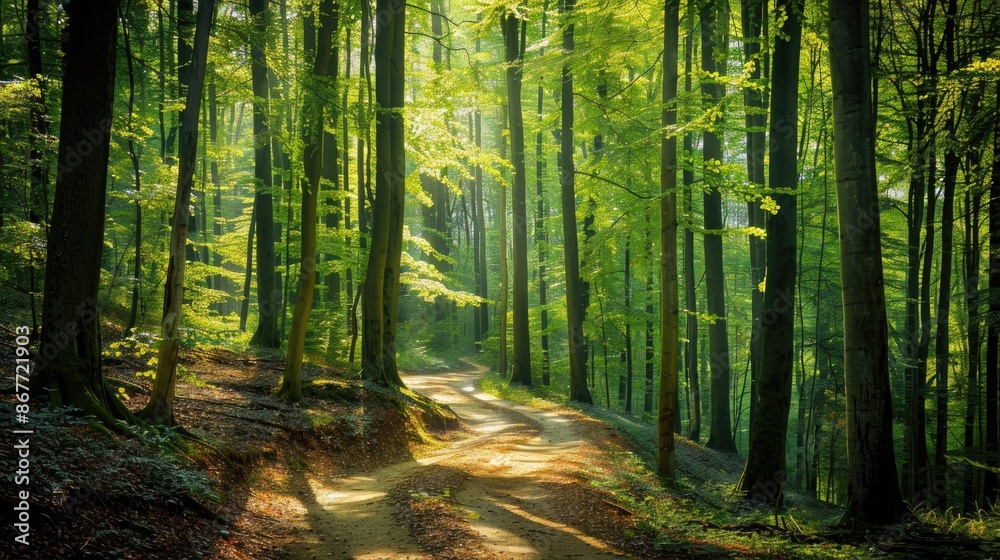Naklejka premium A tranquil forest with a winding path leading through tall trees, with sunlight filtering through the leaves.