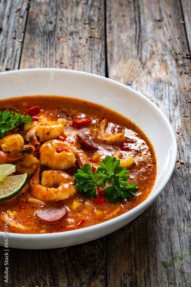 Louisiana soup gumbo with shrimp, chorizo and white rice served in white plate on wooden table
Louisiana soup gumbo with shrimp, chorizo and white rice served in white plate on wooden table