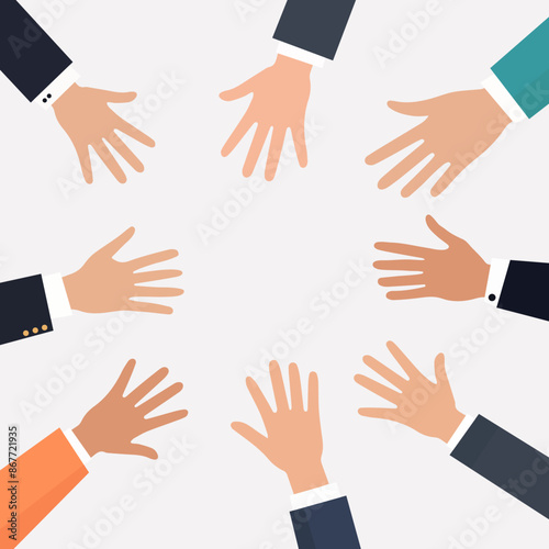 Creative teamwork concept vector. Illustration is in flat style. The hands of a diverse group of people come together. Concept of cooperation, unity, partnership, agreement, teamwork, social community