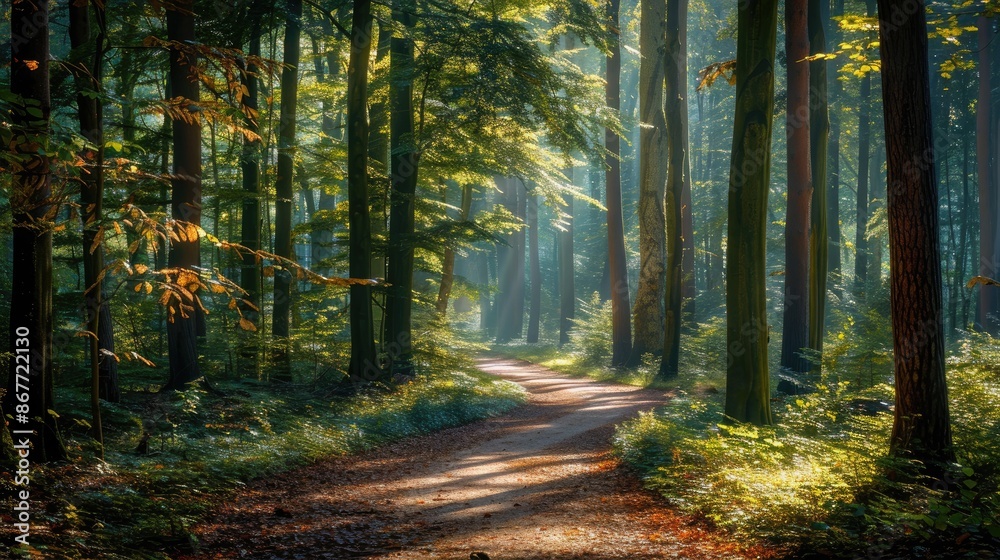 A tranquil forest with a winding path leading through tall trees, with sunlight filtering through the leaves. A tranquil forest with a winding path leading through tall trees, with sunlight filtering through the leaves.