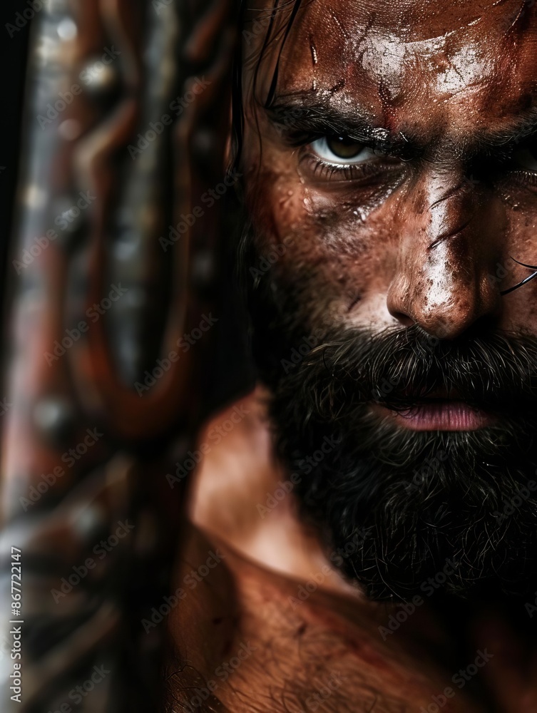 Close-up portrait of a fierce warrior with a beard and intense gaze. Close-up portrait of a fierce warrior with a beard and intense gaze.