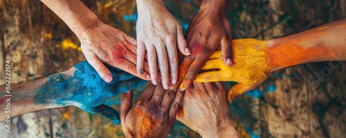 A vibrant close up of diverse hands joining together in unity symbolizing diversity and teamwork