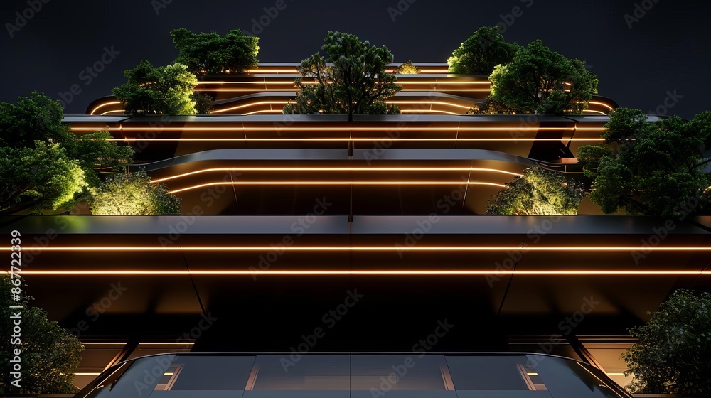 Fototapeta premium Modern architecture with glowing lights and green plants.