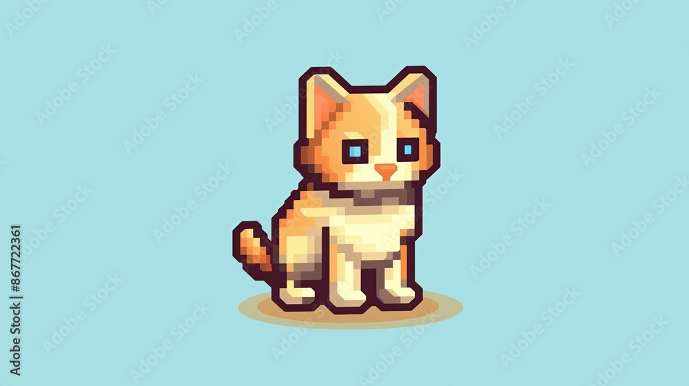A pixel art illustration of tabby cat sitting on a bright blue background. A pixel art illustration of tabby cat sitting on a bright blue background.