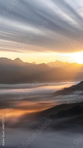 Sunrise over misty mountain landscape with golden light.