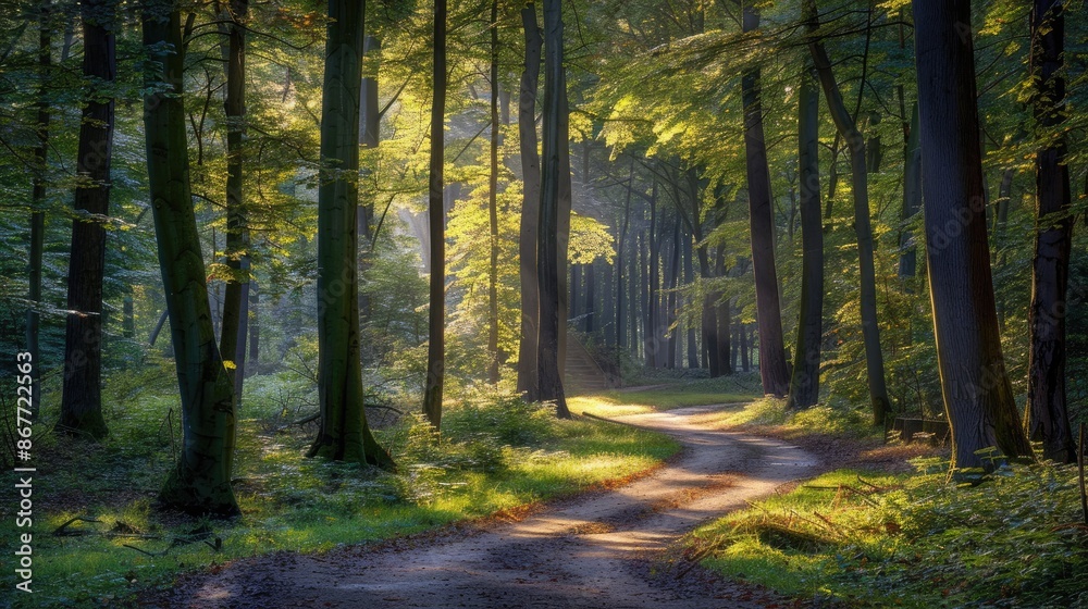 A tranquil forest with a winding path leading through tall trees, with sunlight filtering through the leaves.