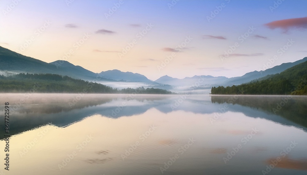 calming rhythms, serene mountain landscape reflected in calm lake waters at dawn, misty and peaceful soft light calming rhythms, serene mountain landscape reflected in calm lake waters at dawn, misty and peaceful soft light