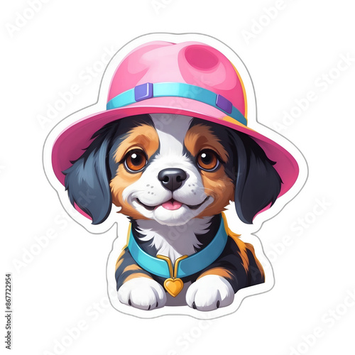 A cute beagle puppy wearing colorful hat. Cute sticker with transparent background. 3D cartoon style.