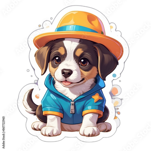 A sweet beagle puppy wearing colorful hat. Cute sticker with transparent background. 3D cartoon style.